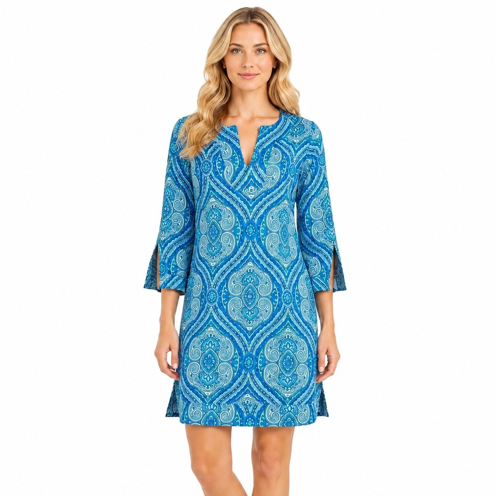 Jude Connally Megan Tunic Shift Dress Blue Medallion Print Preppy 3/4 Sleeve S